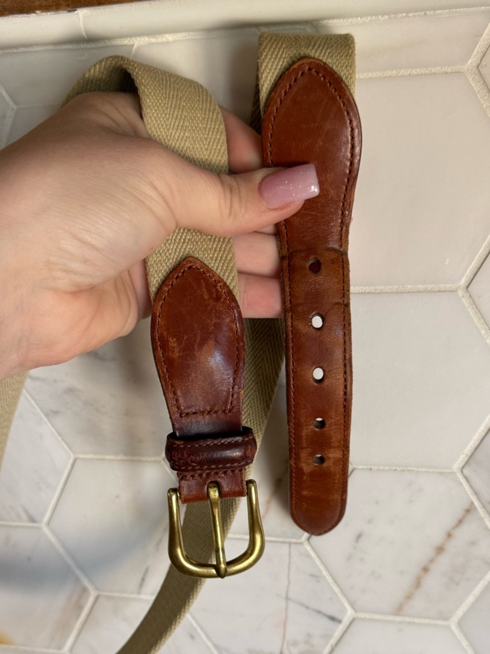 Vtg. Coach Beige Canvas Belt with Brown Leather Accents